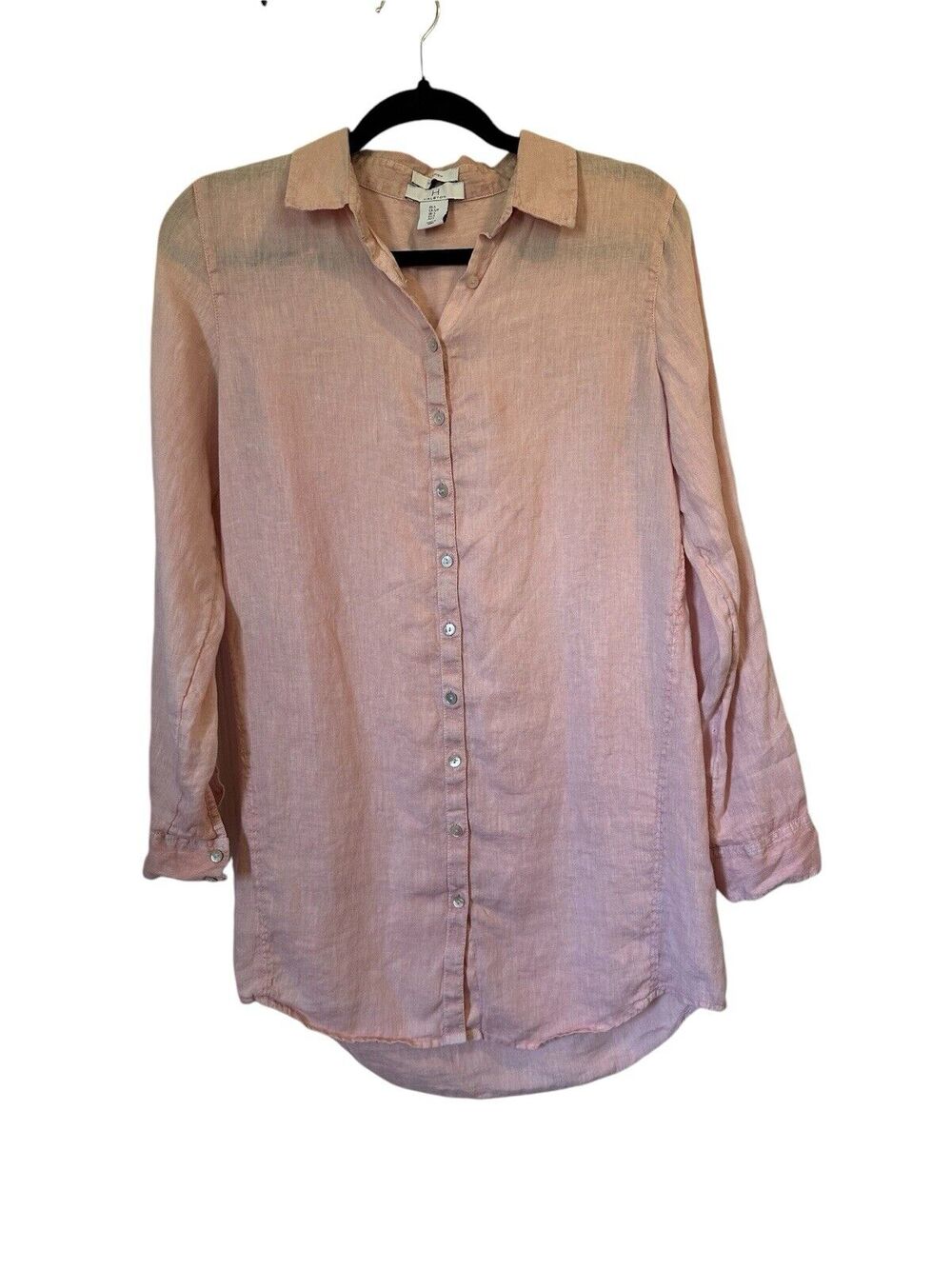 H by Halston 100% Linen Button Down Tunic Women's Size S Blush Long Sleeve Top